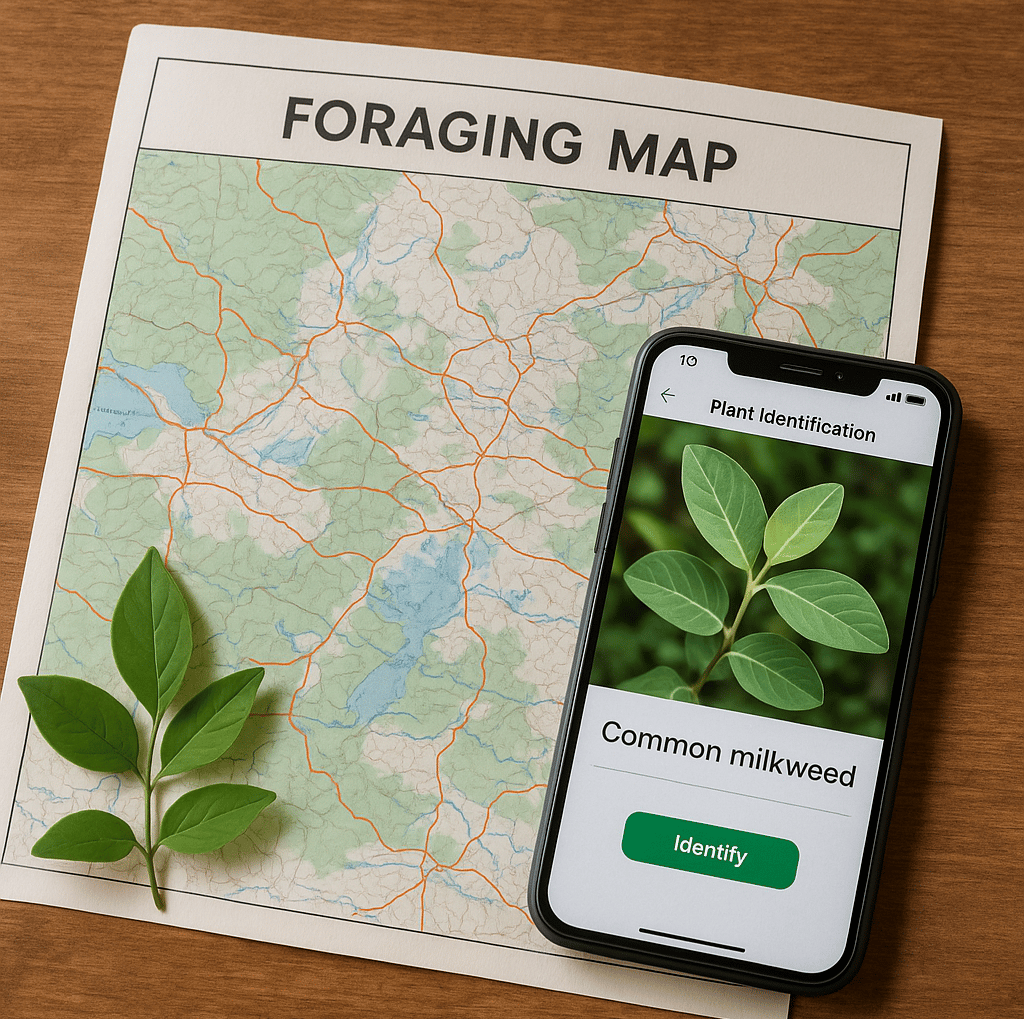 Foraging map and plant ID app on phone showing milkweed, digital tools for wild edible plant identification