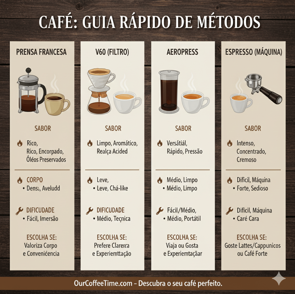 Comparação infográfica entre prensa francesa e outros métodos de extração de café