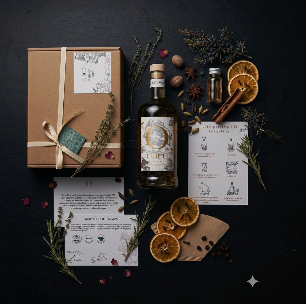ONCE trauktinės rinkinio detalės – butelis, etiketė ir ingredientų pakuotė