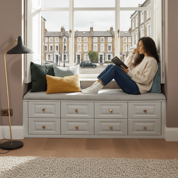 a woman sitting on a window sill with a book and a cup of coffee Nour Nagy Designs London interior