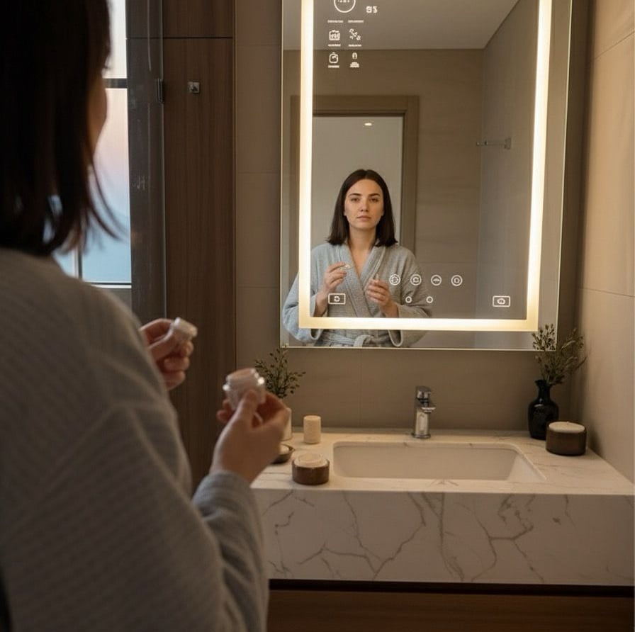 a woman in a robe is looking at her reflection in the mirror Nour Nagy Designs London interior Desi