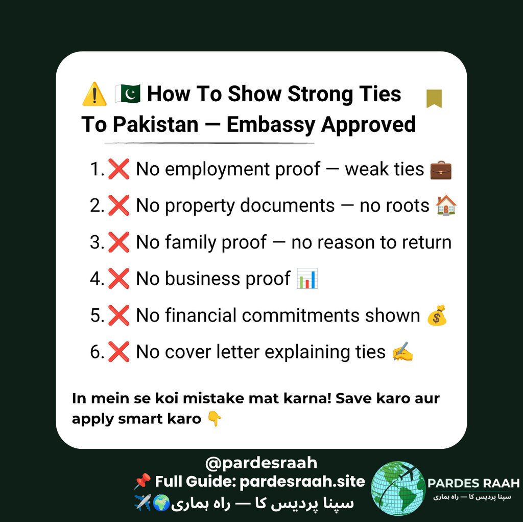 Infographic showing how to prove strong ties for a Pakistan visa application with embassy tips.
