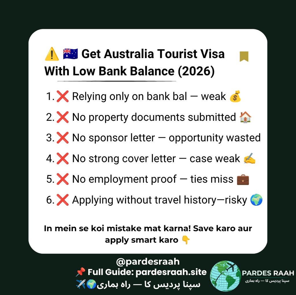 Guide on how to get an Australia tourist visa with a low bank balance, listing common application mistakes.