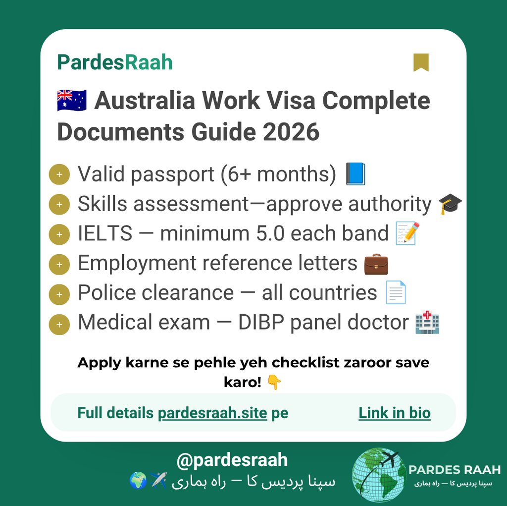 Checklist of required documents for an Australia Work Visa in 2026 including IELTS and skills assessment.