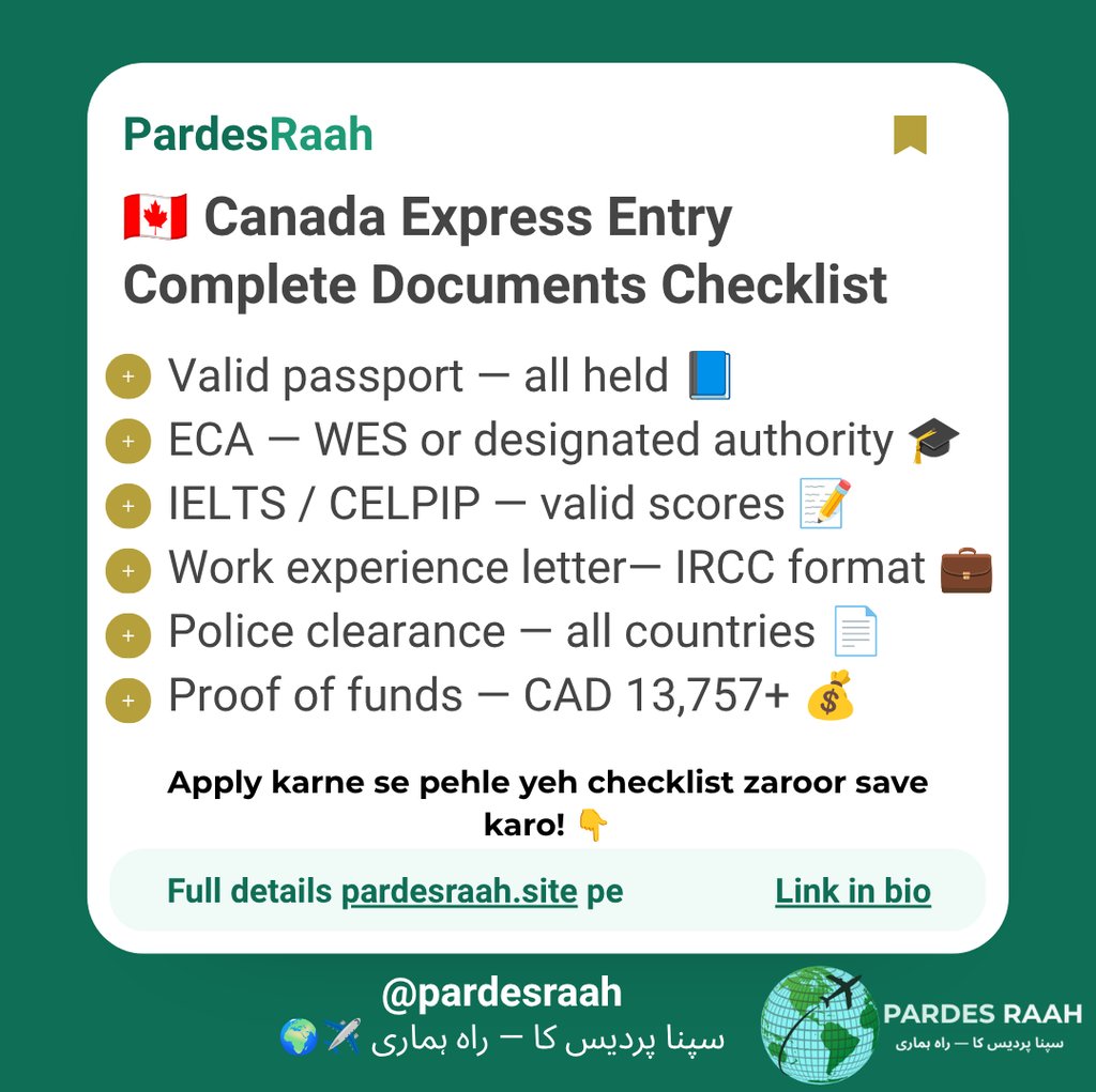 Canada Express Entry documents checklist including passport, ECA, IELTS, work experience, and police clearance.
