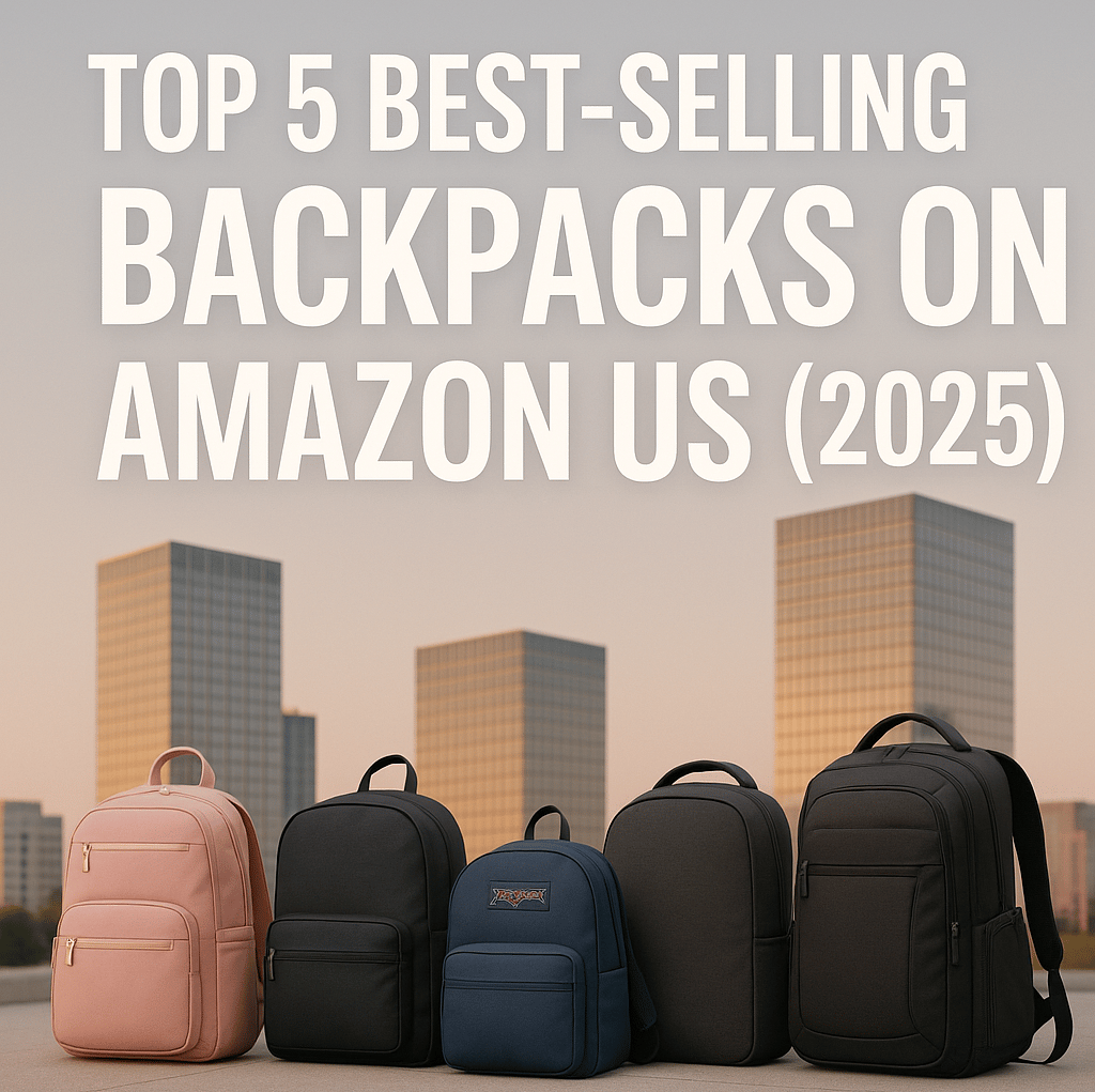 Top-selling Amazon backpacks 2025 displayed with modern city background.