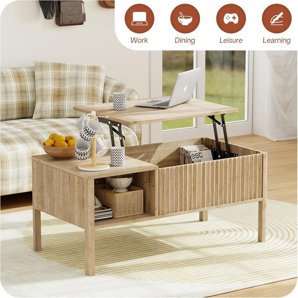 Fluted Lift Top Coffee Table with Hidden & Open Storage