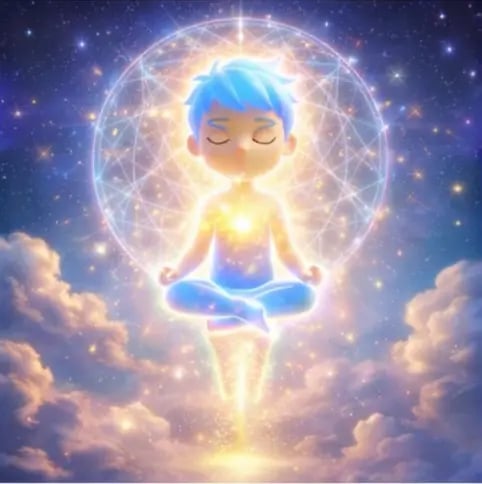 “Cartoon child meditating above clouds with glowing heart light and geometric halo, symbolizing Homo Luminous awakening”