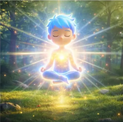 “Glowing cartoon child meditating in a forest with golden heart light and radiating sunburst rays all around.”