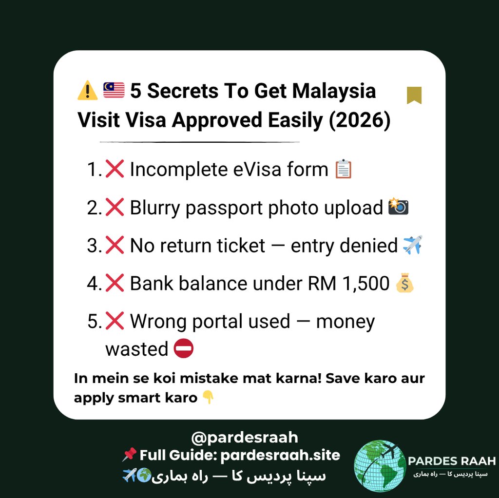 Infographic showing 5 tips for a Malaysia visit visa approval, highlighting common mistakes like incomplete eVisa forms.