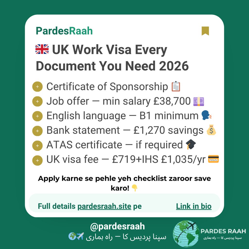 Infographic listing 2026 UK work visa document requirements including sponsorship and salary criteria.