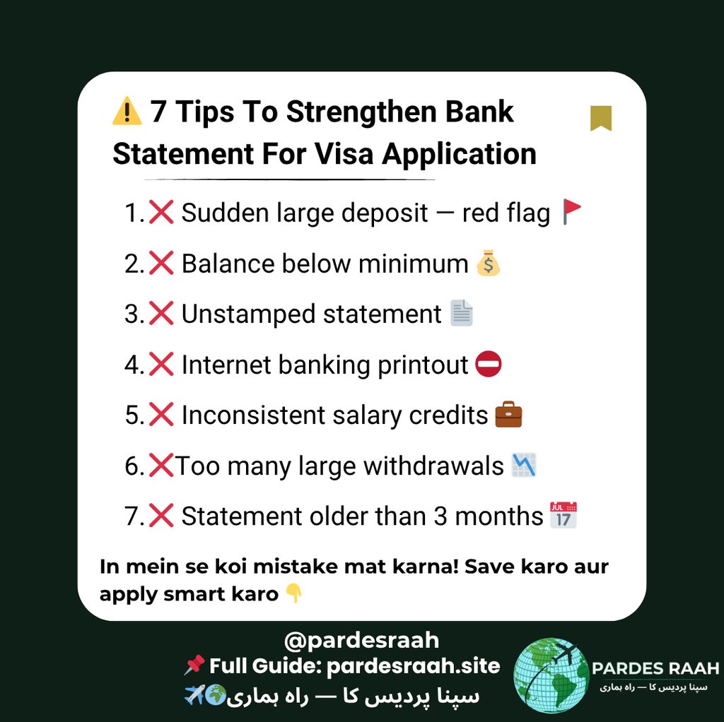 Infographic showing 7 tips to strengthen a bank statement for a visa application to avoid common mistakes.