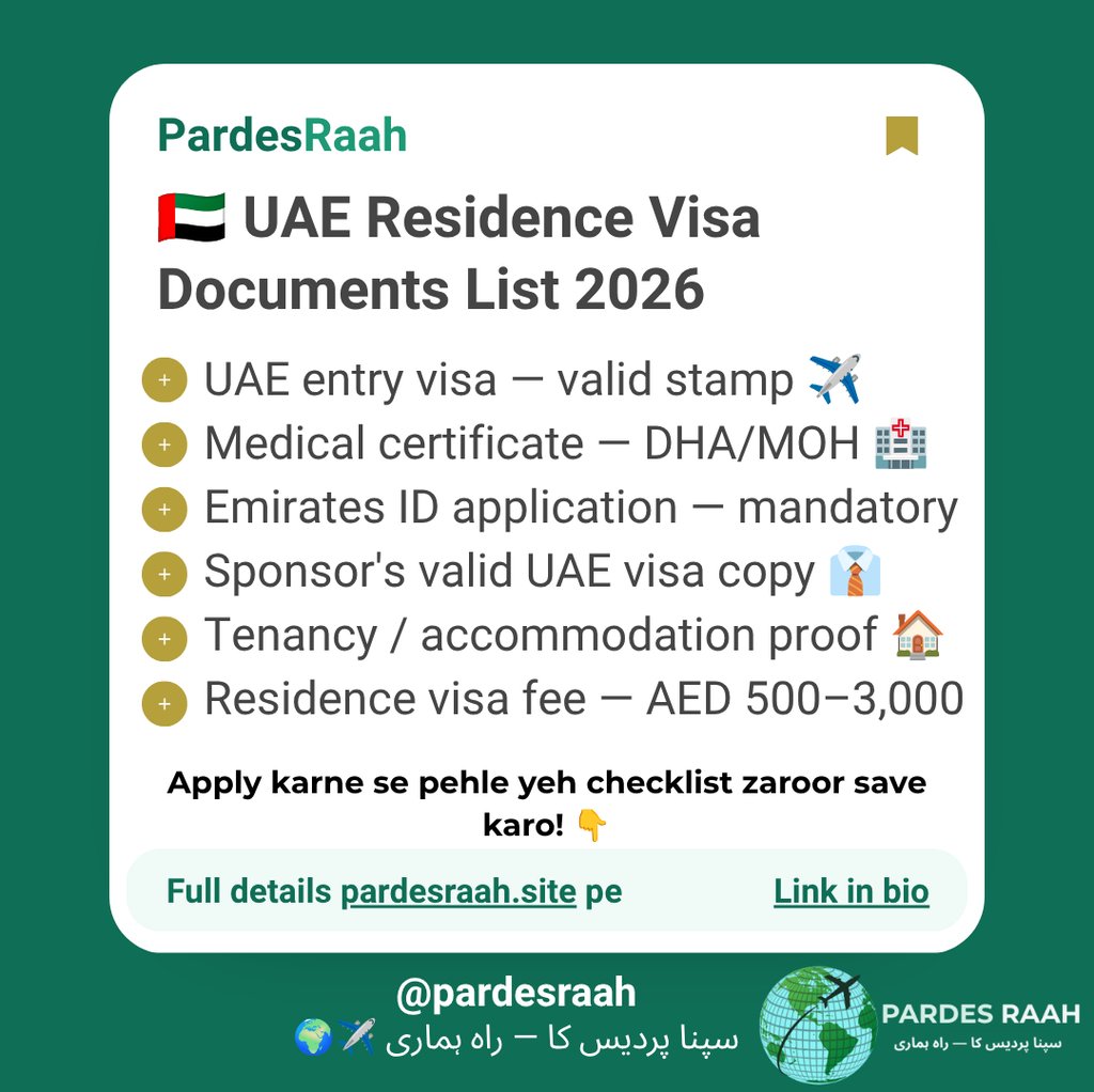 Checklist of UAE residence visa documents for 2026 including medical certificate and Emirates ID application.