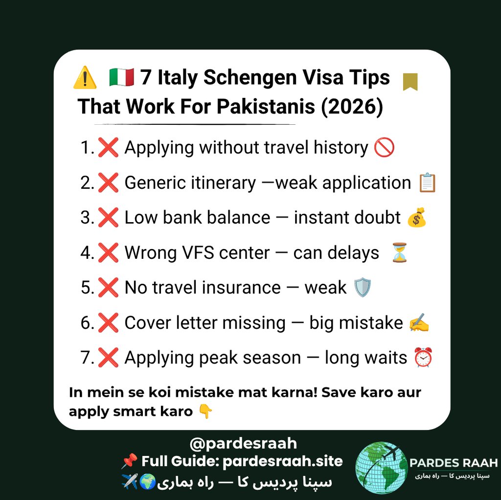 Infographic listing 7 Italy Schengen visa tips for Pakistani applicants to avoid common application mistakes.
