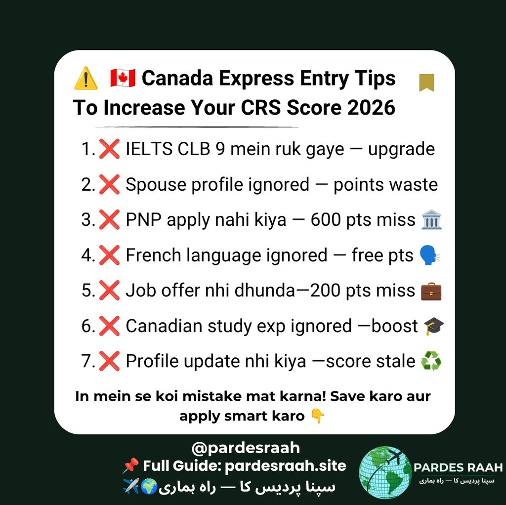 Infographic listing Canada Express Entry tips to increase CRS score in 2026, featuring immigration advice on IELTS and PNP.