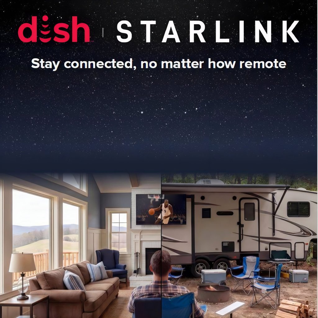 DISH and Starlink satellite internet for remote homes and RV camping trips under a starry sky.