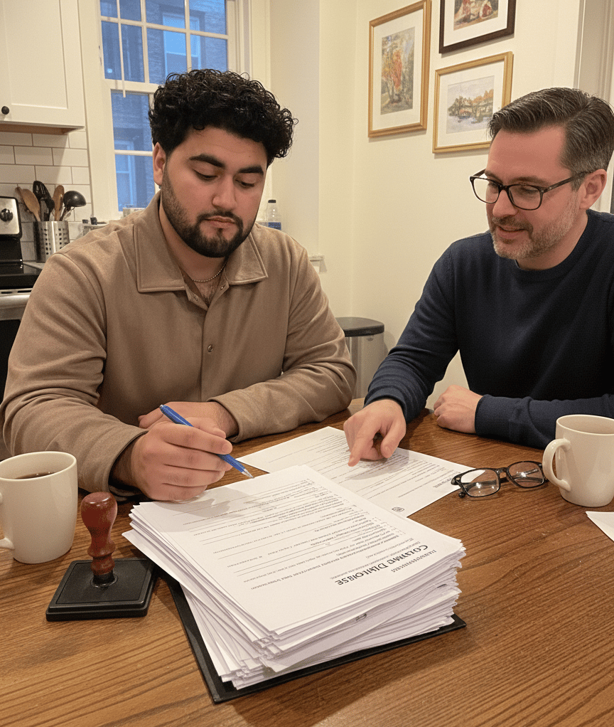 Refinance notary signing loan documents in a Boston home