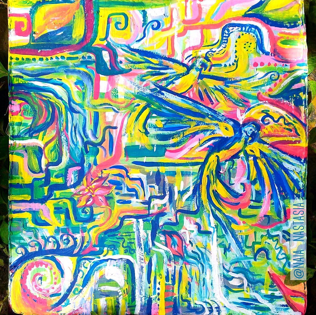 peinture aux couleurs vives entre abstrait et concret, avec fleurs cascade et perroquets