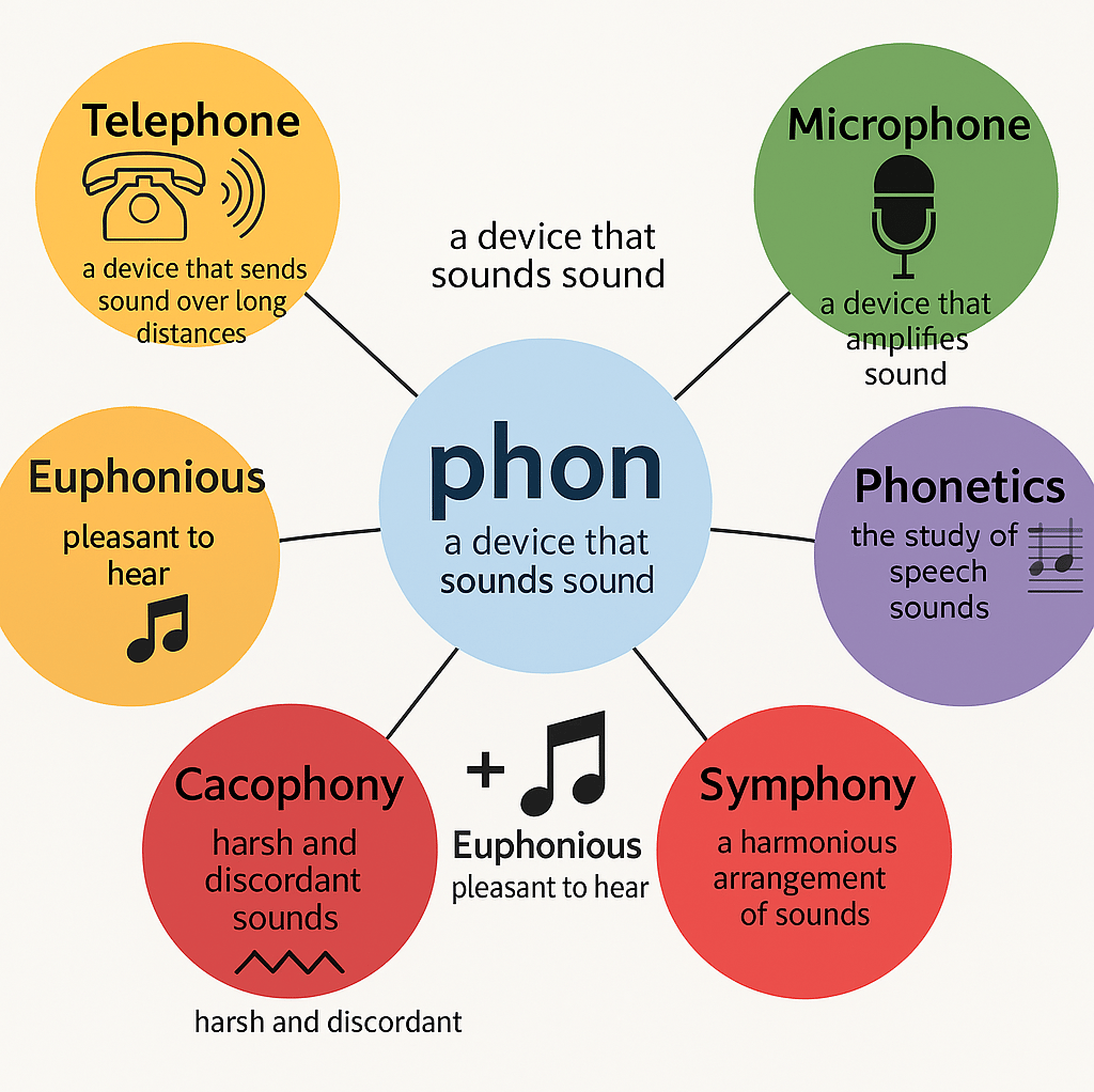 Chart of 'Phon' root word from Word Power Made Easy showing vocabulary