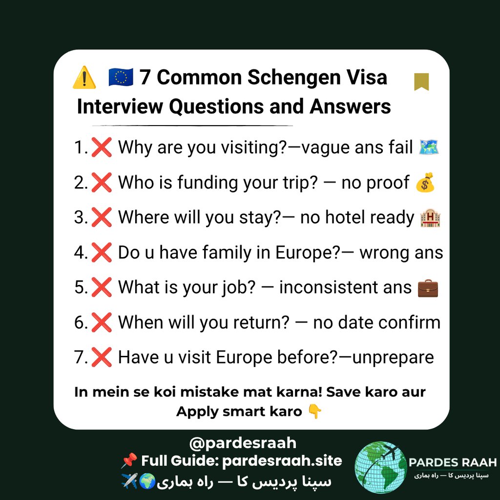 List of 7 common Schengen Visa interview questions and answers for travel planning and preparation.