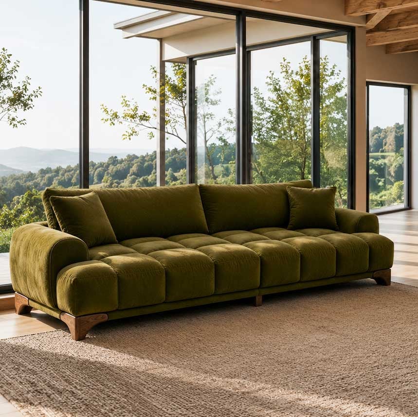 Olive green tufted sofa with a walnut wood base in a bright modern home with large windows and scenic views