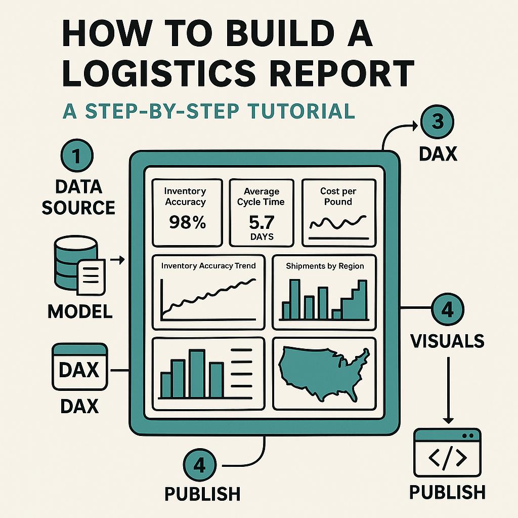 Infographic titled ‘How to Build a Logistics Report’ showing a central dashboard mockup with KPI