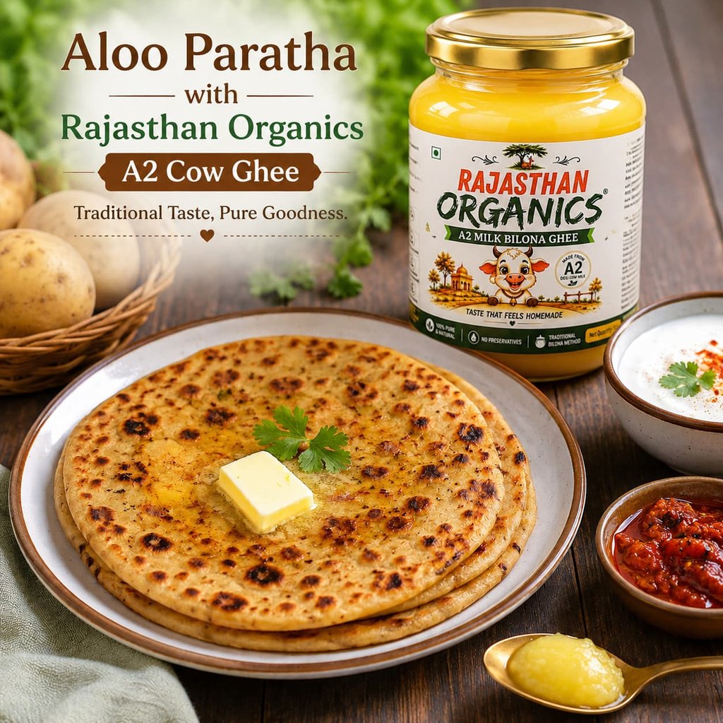 Aloo Paratha served with butter, Rajasthan Organics A2 Cow Ghee, spicy pickle, and yogurt.