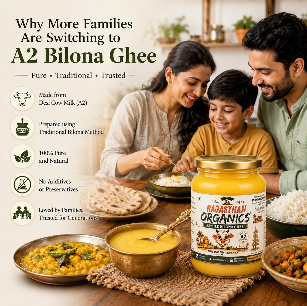 A happy family enjoying a meal with Rajasthan Organics A2 Bilona Ghee made from pure desi cow milk.