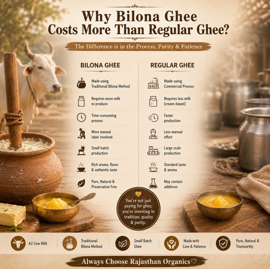 Comparison chart showing why traditional Bilona ghee costs more than regular commercial ghee products.