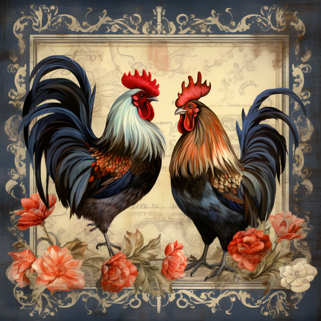 a roostertailed rooster with a floral frame
