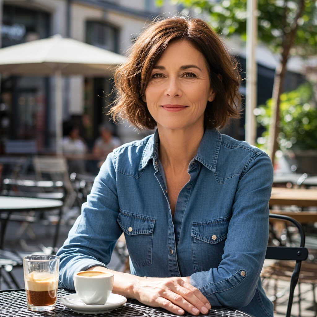 Femme brune assise devant une tasse de café