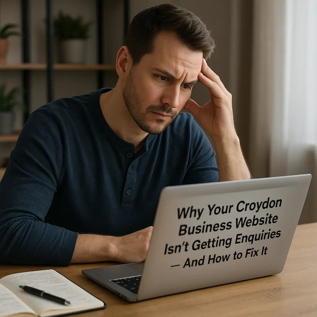 Man looking at a laptop showing a website enquiries problem