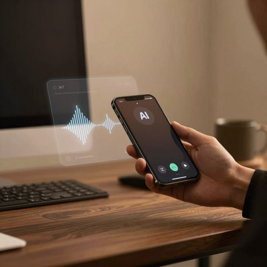 Illustration of a friendly AI assistant answering phone calls on a sleek headset.