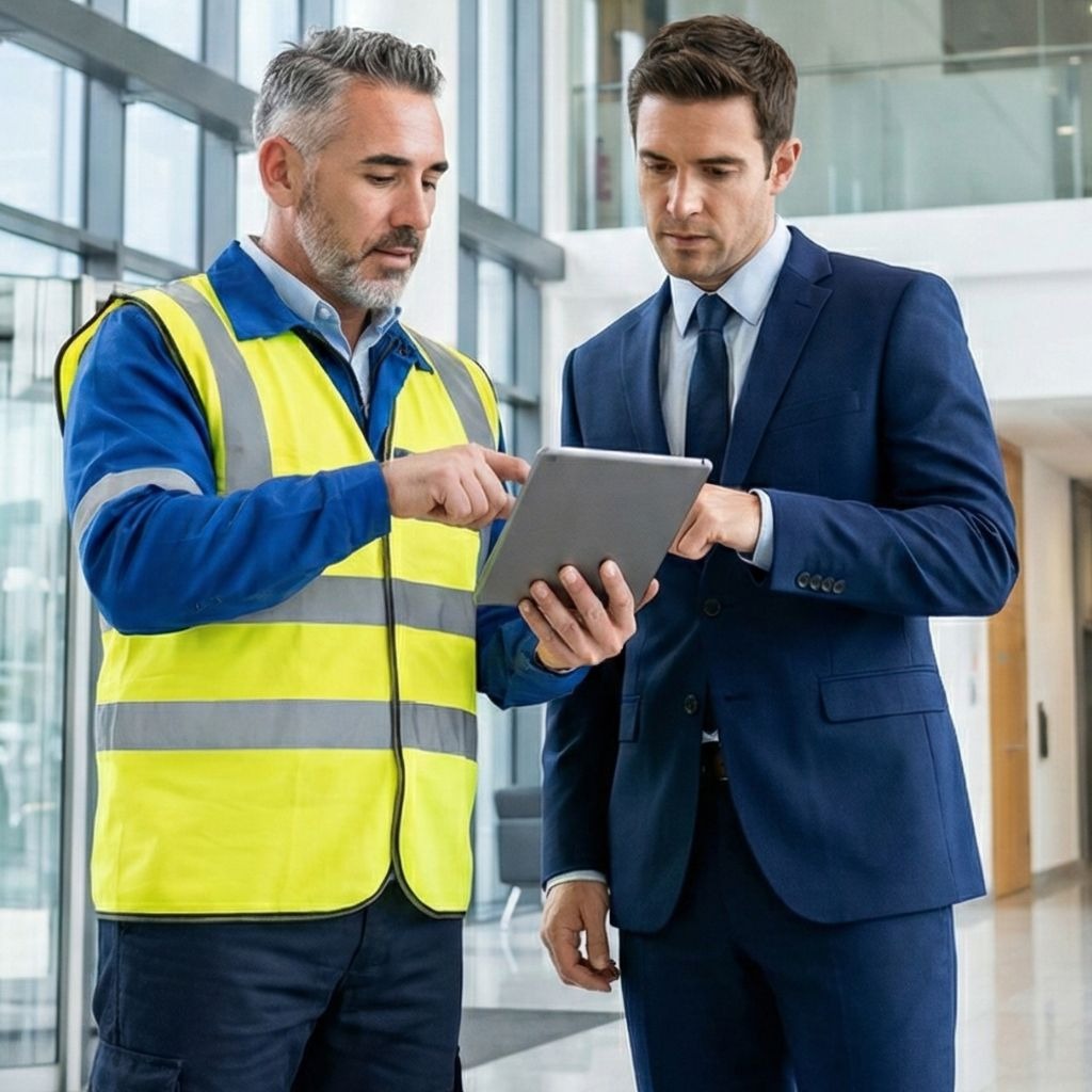 Supervisor de calidad realizando control periódico de servicios de mantenimiento y limpieza - Valkiria elite global service