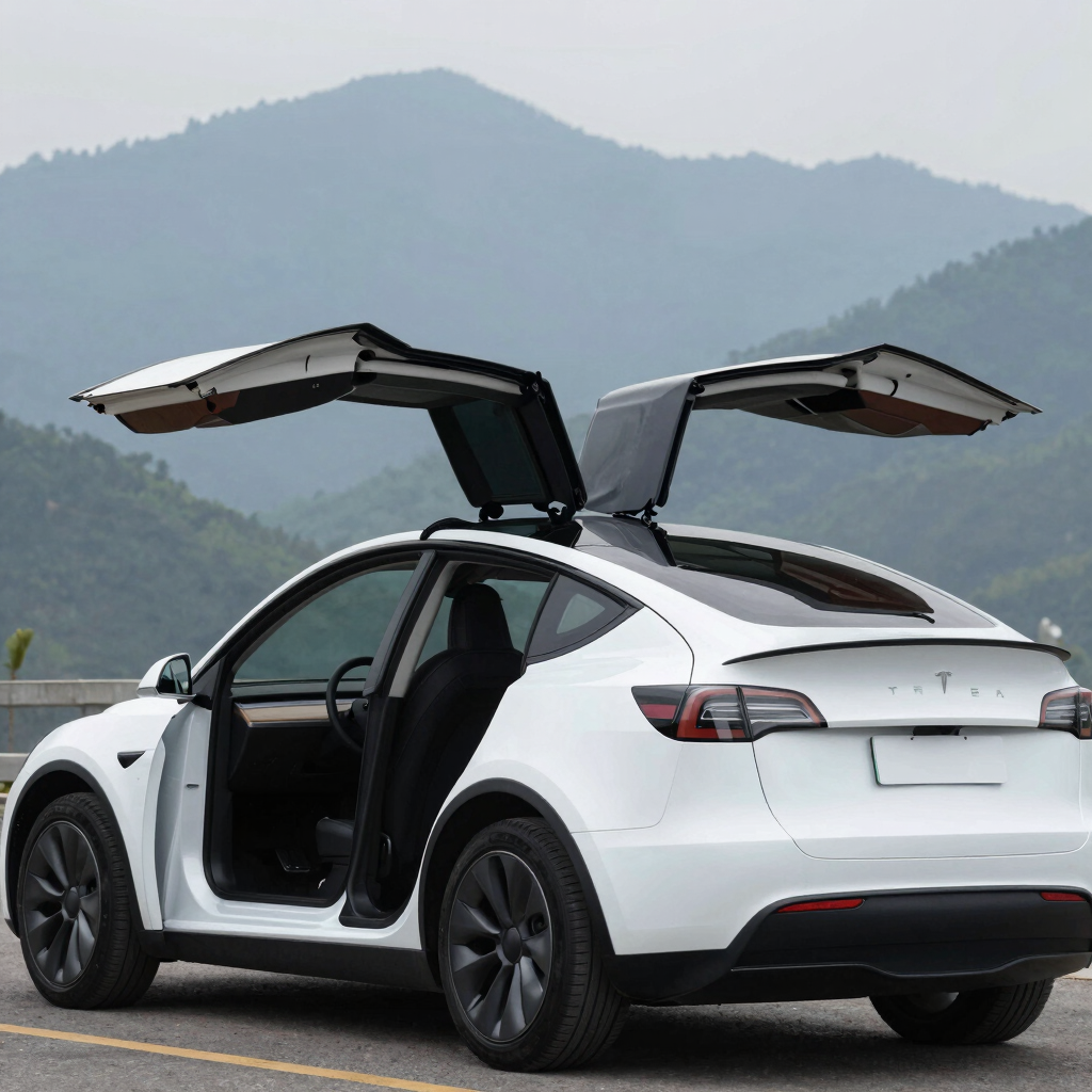 Dark luxury suv parked near modern buildings and plants.