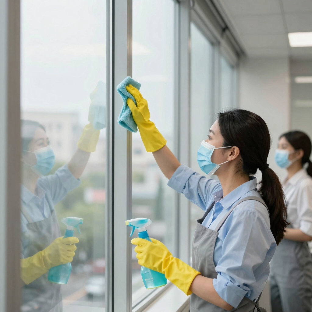 A cleaner in uniform wiping down an office desk with a bright window in the background.