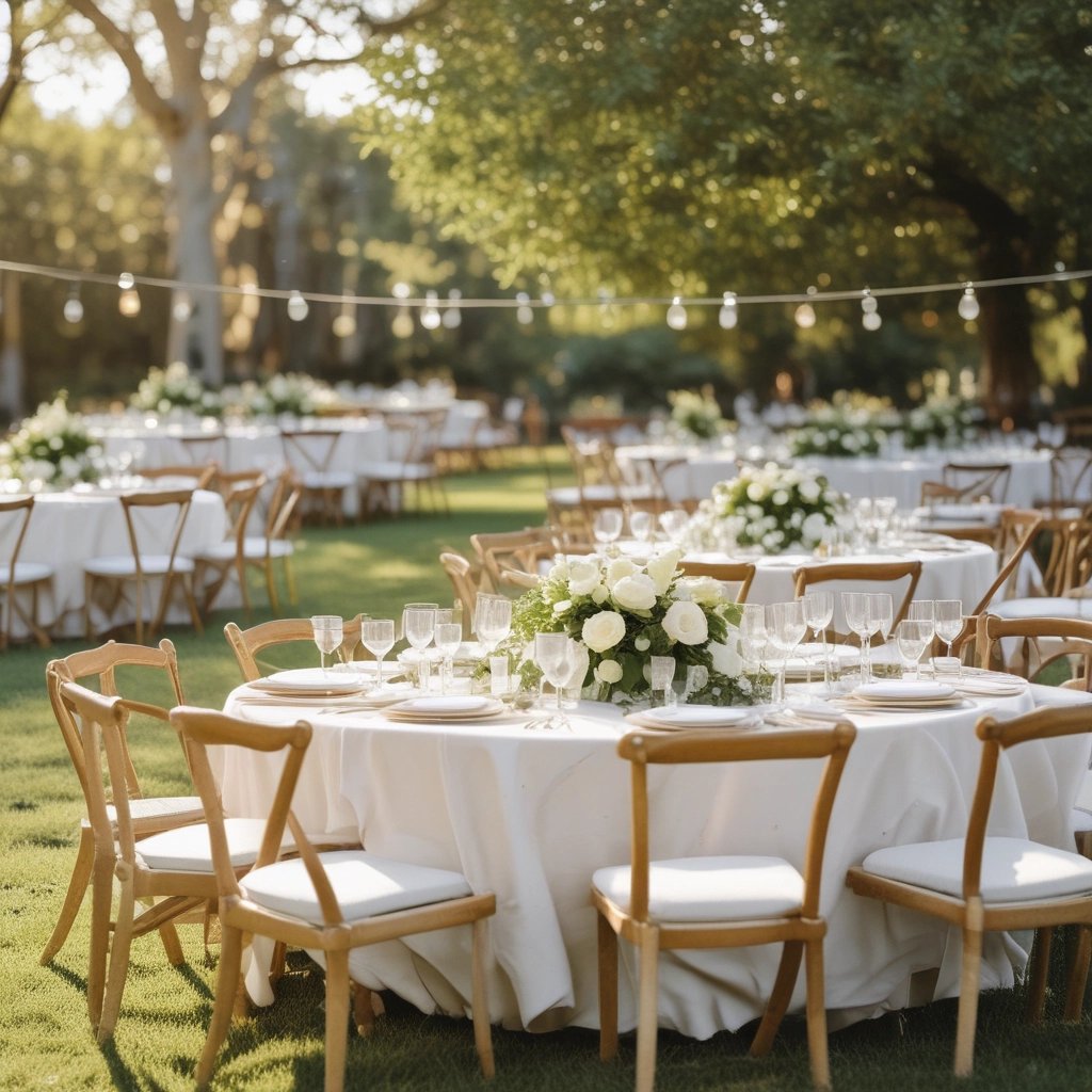 An elegant outdoor evening event with string lights overhead and guests mingling in chic attire.