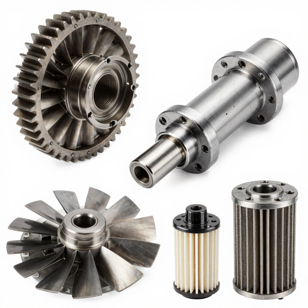 High-quality industrial photo showing a close-up of heavy machinery gears and filters.