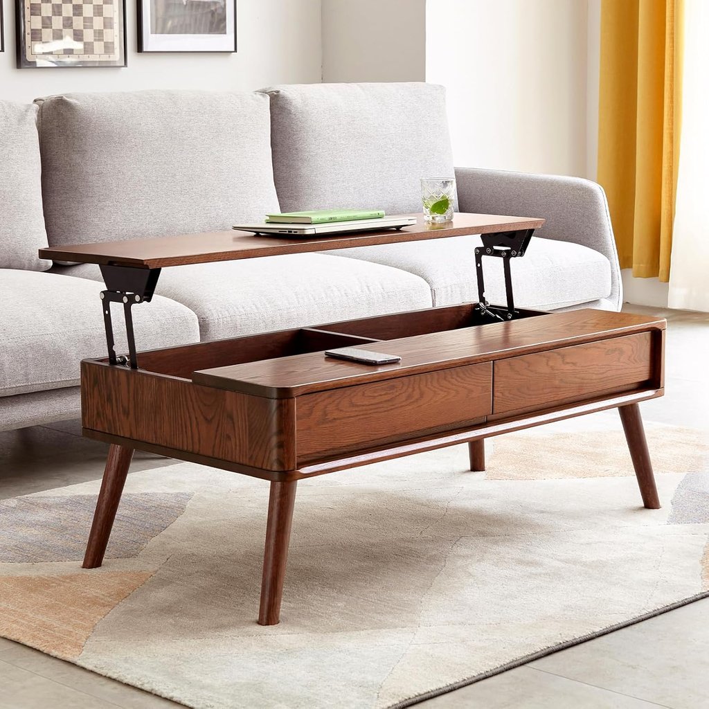 Solid Oak Mid Century Wood Lift Top Coffee Table for Living Room