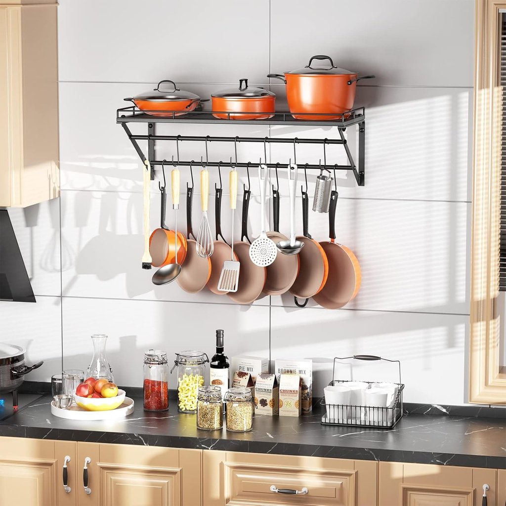 31 Inch Wall Mounted Pot Rack Storage Shelf with 2 Tier Hanging Rails 14 S Hooks included