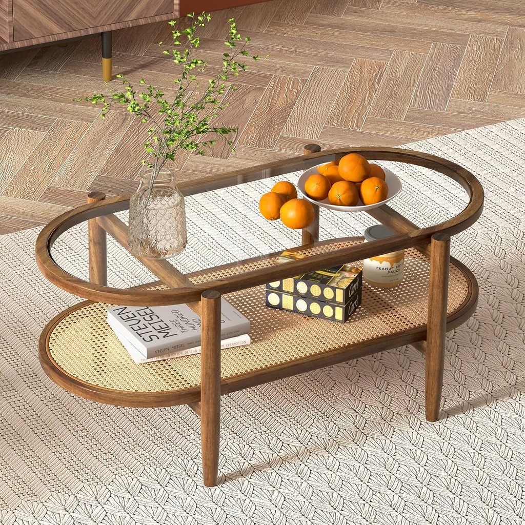 2-Tier Oval Rattan Acacia Wood Tea Table w/Tempered Glass Tabletop & Storage Shelf