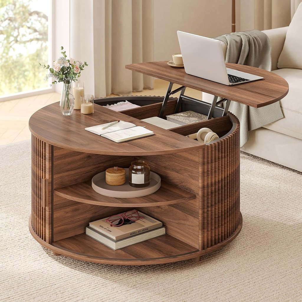 Modern Coffee Table with 180° Curved Sliding Door