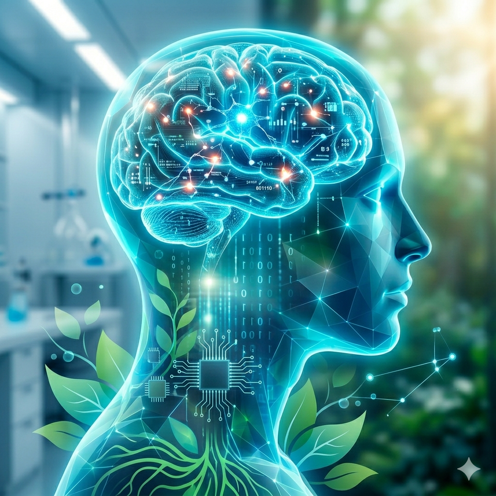 A futuristic human head profile visualized with glowing cyan brain activity and interconnected digit