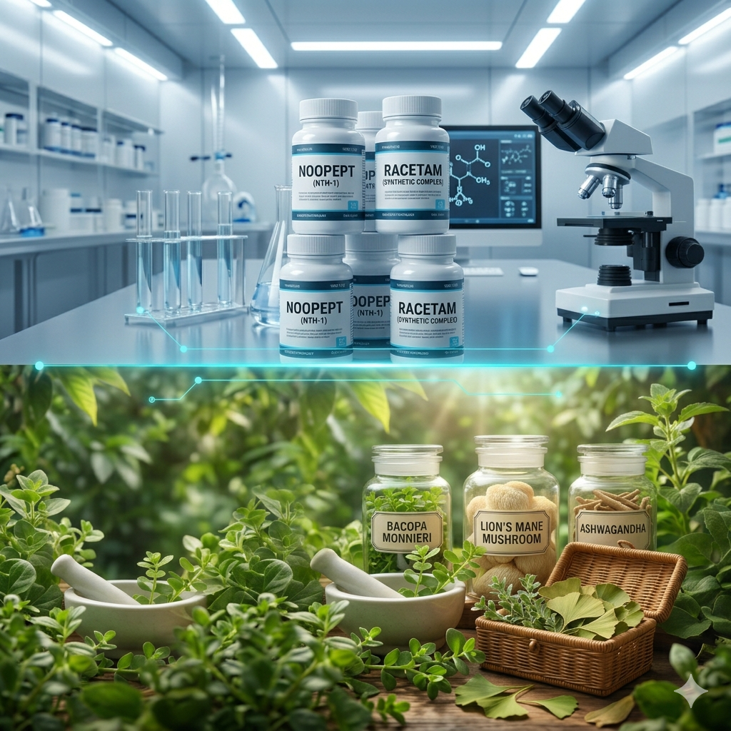 A split composition illustrating natural nootropic herbs like green ginkgo leaves in a wooden basket