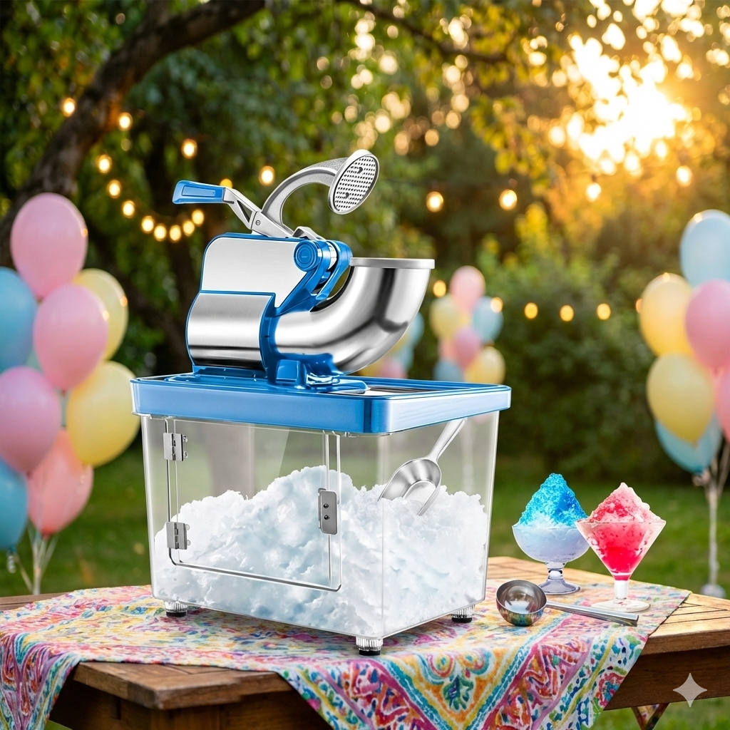Mėlynas šerbeto aparatas su paruoštais spalvingais ledų desertais šventės atgaivai