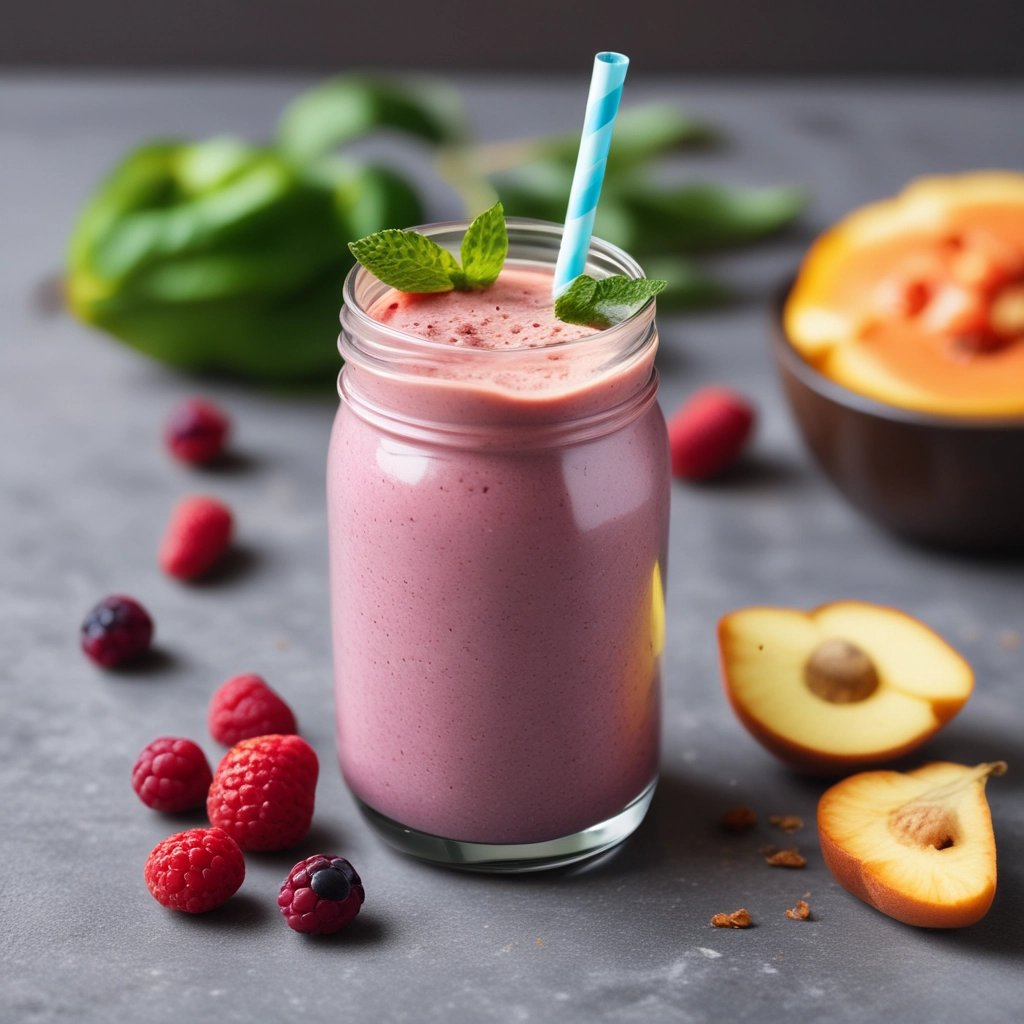 A jar of homemade protein smoothie with a straw on a kitchen counter
