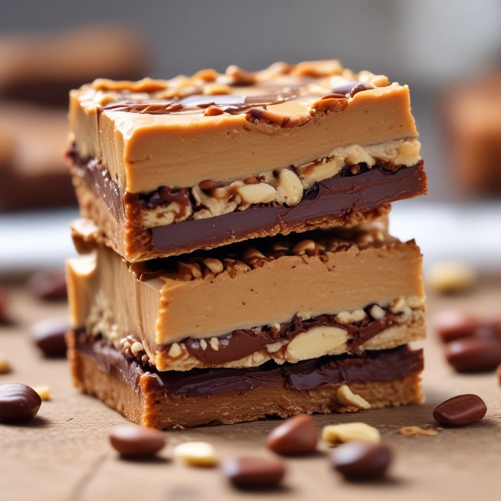 Close-up of a protein bar with nuts and chocolate chunks on a wooden table