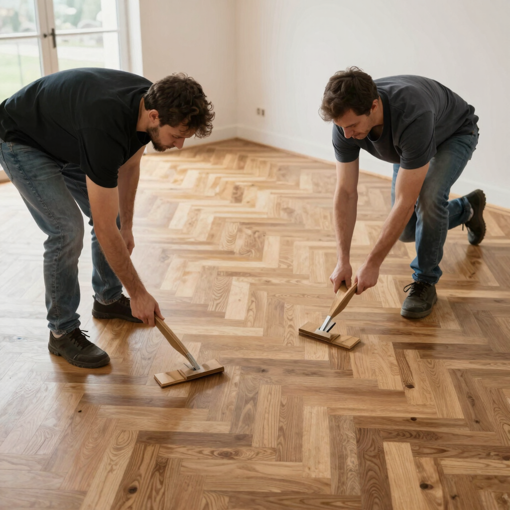 A happy customer shaking hands with a handyman after a successful renovation.