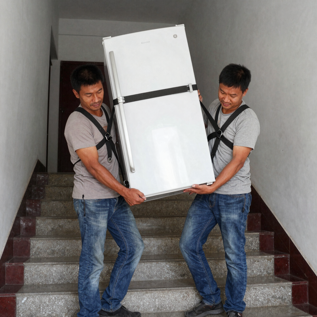 Team carefully transporting a heavy refrigerator down a staircase.