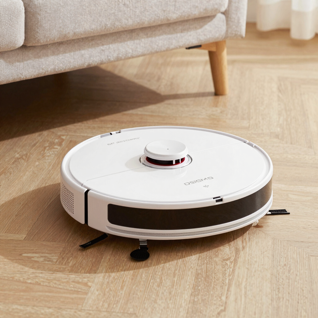 A floor sweeper sitting on top of a hard wood floor